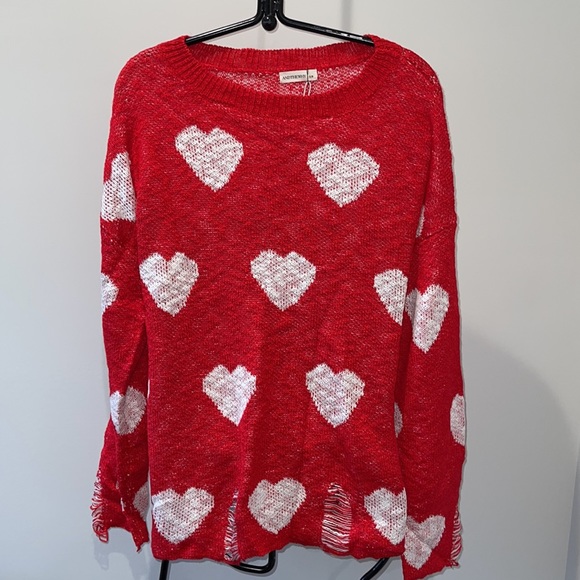 ❤️VALENTINES DAY NEW RED ALL OVER HEART DISTRESSED SWEATER - Picture 8 of 15